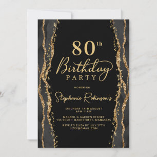 Elegant Black Gold Agate 80th Birthday Invitation