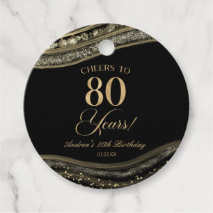 Elegant Black Gold Agate 80th Birthday Party Favour Tags