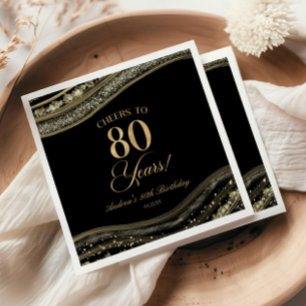 Elegant Black Gold Agate 80th Birthday Party Napkin
