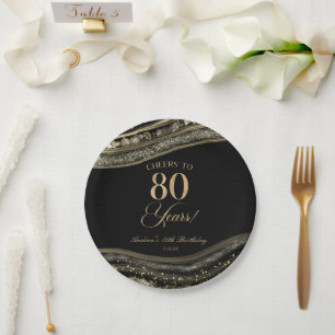 Elegant Black Gold Agate 80th Birthday Party Paper Plate