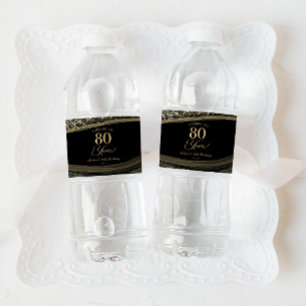 Elegant Black Gold Agate 80th Birthday Party Water Bottle Label