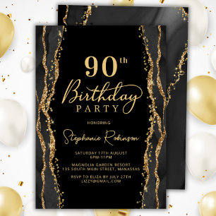 Elegant Black Gold Agate 90th Birthday Invitation
