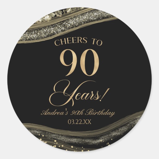 Elegant Black Gold Agate 90th Birthday Party Classic Round Sticker (Front)