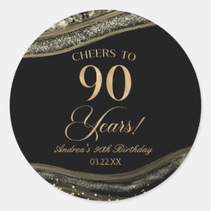 Elegant Black Gold Agate 90th Birthday Party Classic Round Sticker