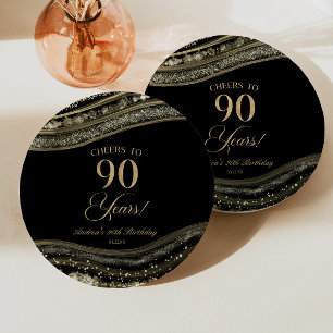 Elegant Black Gold Agate 90th Birthday Party Paper Plate