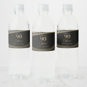 Elegant Black Gold Agate 90th Birthday Party Water Bottle Label