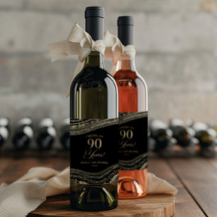 Elegant Black Gold Agate 90th Birthday Party Wine Label