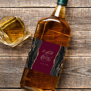 Elegant Black Gold Agate Burgundy Wedding Liquor Bottle Label