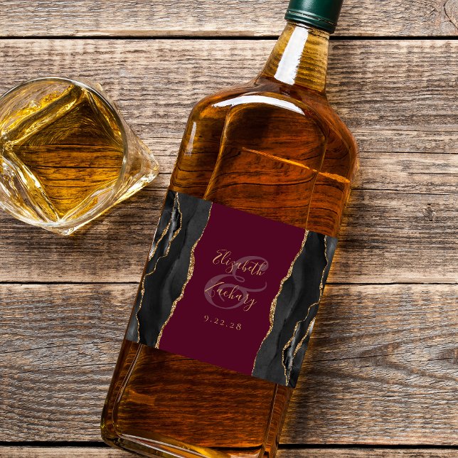 Elegant Black Gold Agate Burgundy Wedding Liquor Bottle Label (Creator Uploaded)