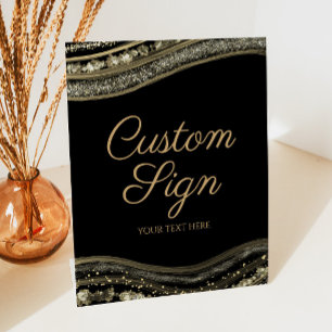 Elegant Black Gold Agate Custom Text Pedestal Sign