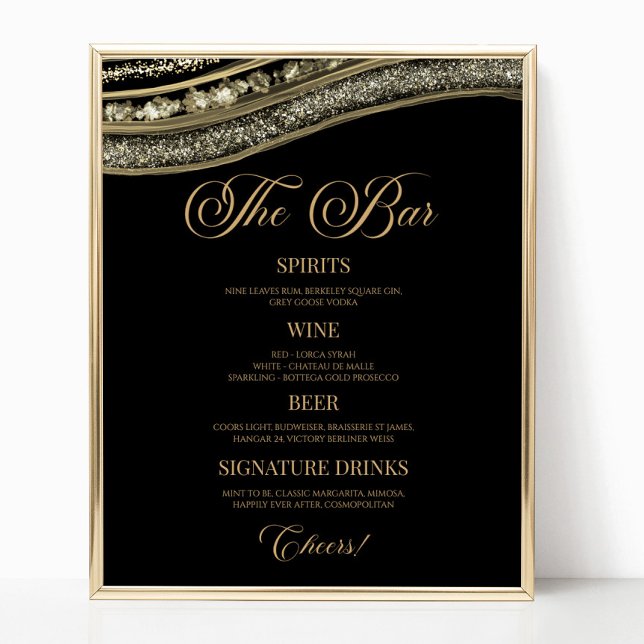 Elegant Black Gold Agate Party Bar Menu Sign (Creator Uploaded)