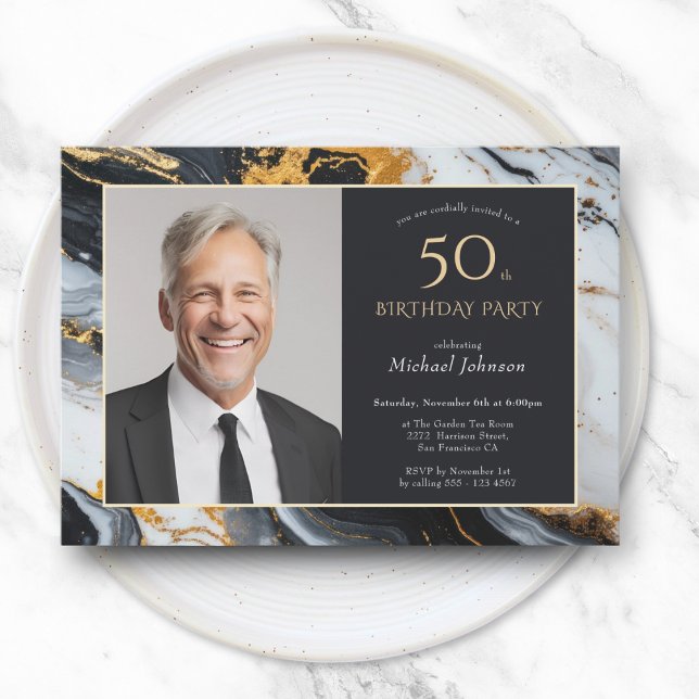 Elegant Black Gold Agate Photo 50th Birthday Invitation (Elegant Black Gold Agate Photo 50th Birthday Invitation)