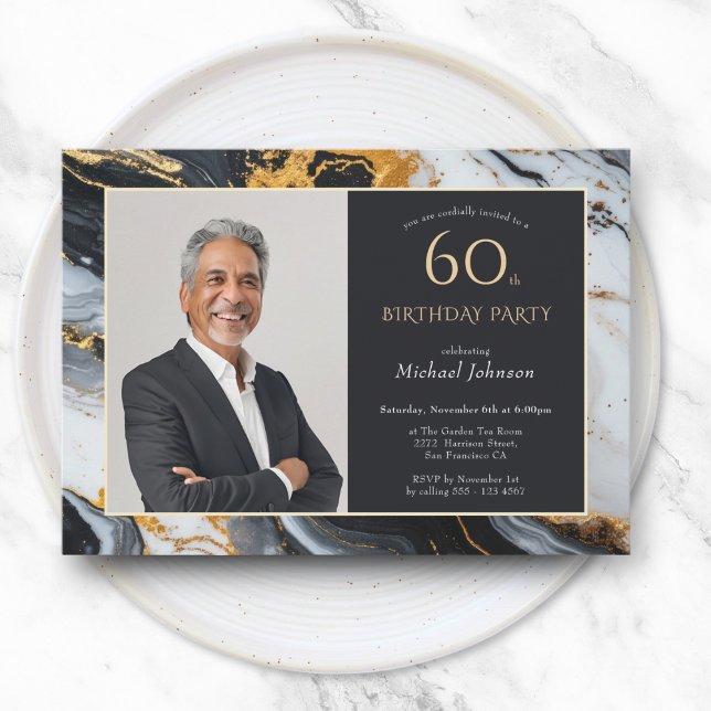 Elegant Black Gold Agate Photo 60th Birthday Invitation (Elegant Black Gold Agate Photo 60th Birthday Invitation)