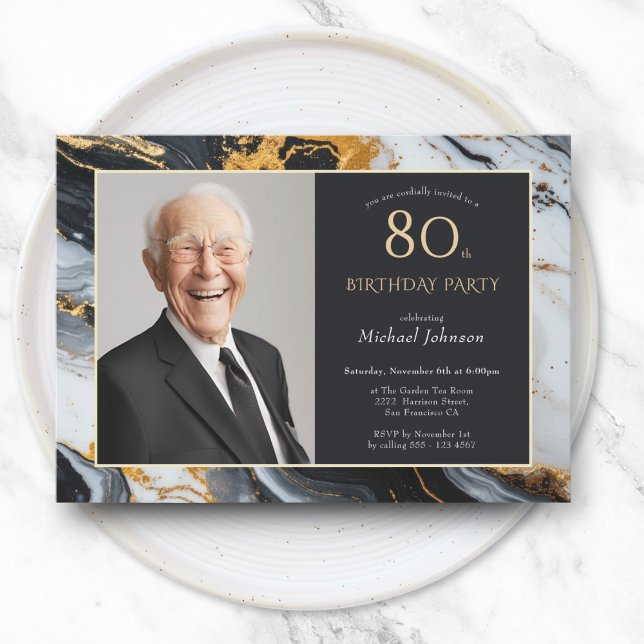 Elegant Black Gold Agate Photo 80th Birthday Invitation (Elegant Black Gold Agate Photo 80th Birthday Invitation)