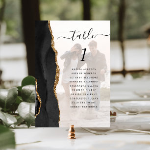 Elegant Black Gold Agate Photo Overlay Wedding Table Number