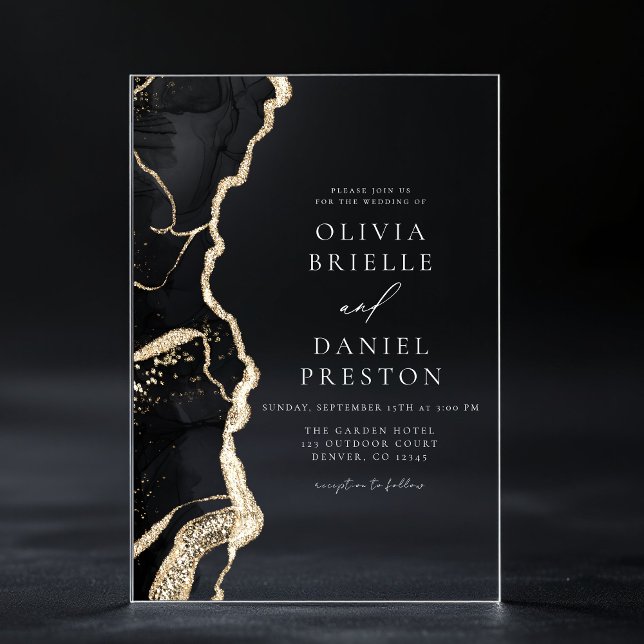 Elegant Black Gold Agate Wedding Elegant Chic Acrylic Invitations (Creator Uploaded)