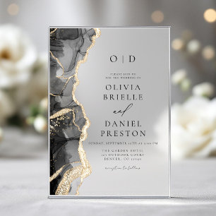 Elegant Black Gold Agate Wedding Monogram Acrylic Invitations