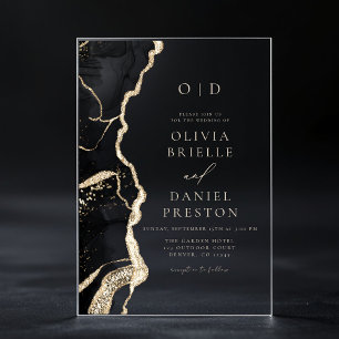 Elegant Black Gold Agate Wedding Monogram Acrylic Invitations