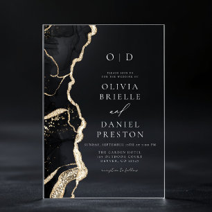 Elegant Black Gold Agate Wedding Monogram Acrylic Invitations