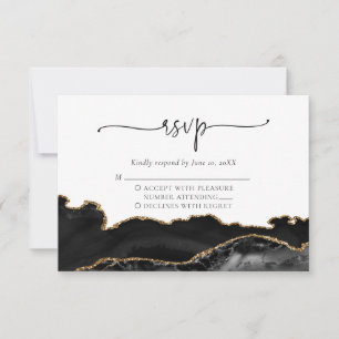 Elegant Black Gold Agate Wedding RSVP Card