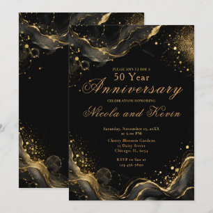 Elegant Black Gold Alcohol Ink 50th Anniversary Invitation