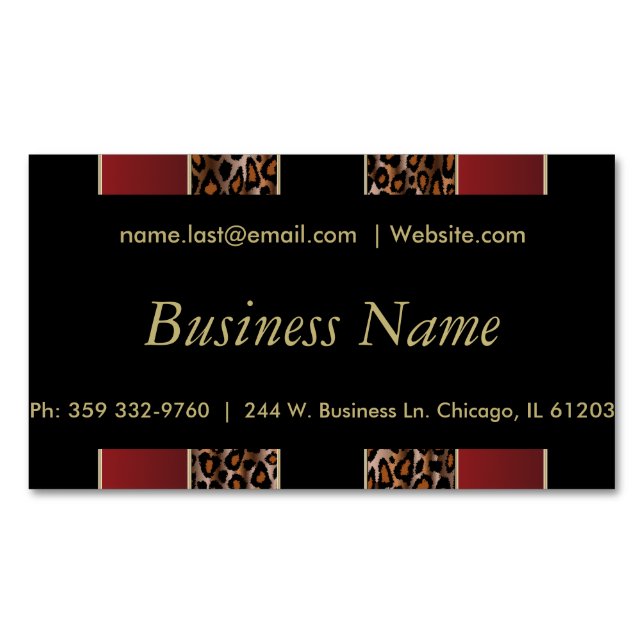 Elegant Black, Gold and Burgundy Leopard Stripes Magnetic Business Card (Front)