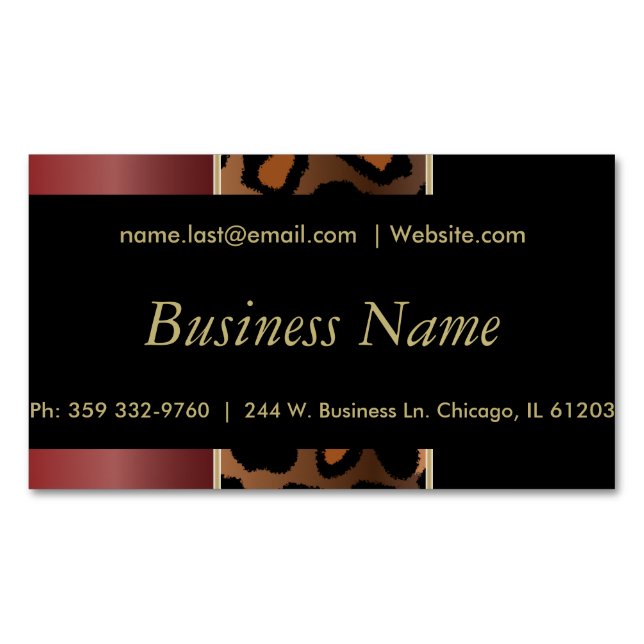 Elegant Black, Gold and Garnet Red Leopard Stripes Magnetic Business Card (Front)