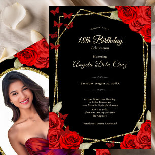Elegant Black Gold and Red Roses 18th Birthday Invitation