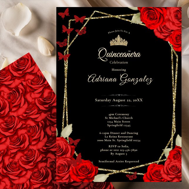 Elegant Black Gold and Red Roses Quinceanera  Invitation (Creator Uploaded)