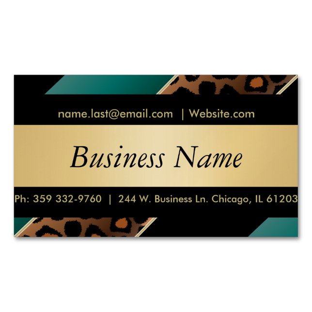 Elegant Black, Gold and  Teal Leopard Stripes Magnetic Business Card (Front)