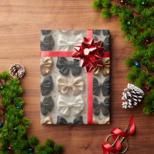 Elegant Black Gold and White Satin Bow Pattern Wrapping Paper