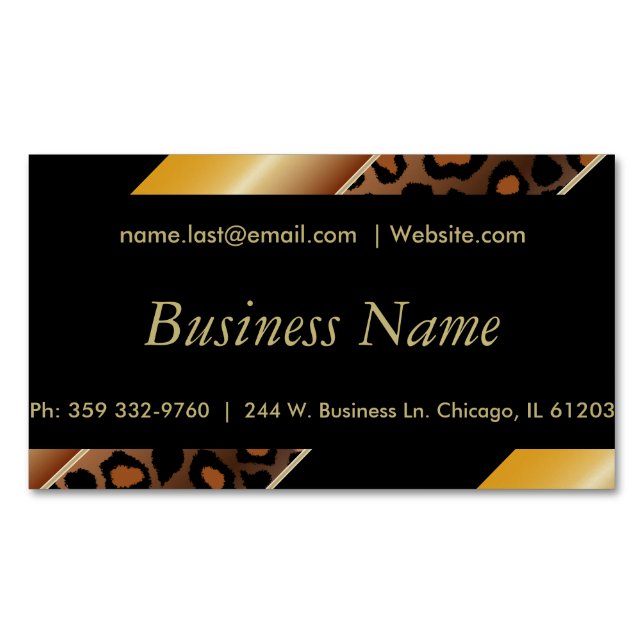 Elegant Black, Gold and Yellow Leopard Stripes Magnetic Business Card (Front)
