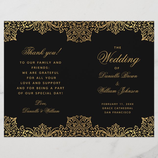 Elegant Black Gold Antique Folded Wedding Program (Front)