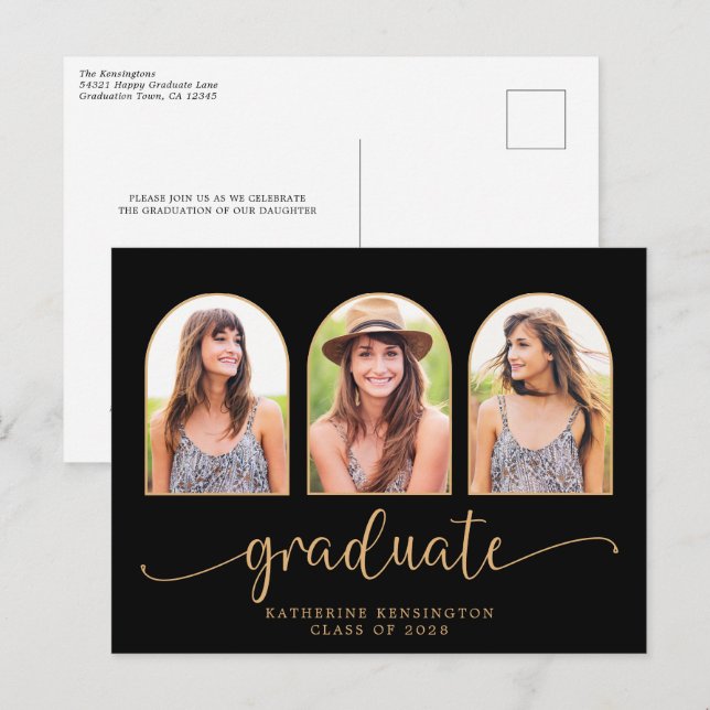 Elegant Black Gold Arch 3 Photo Graduation Announcement Postcard (Front/Back)