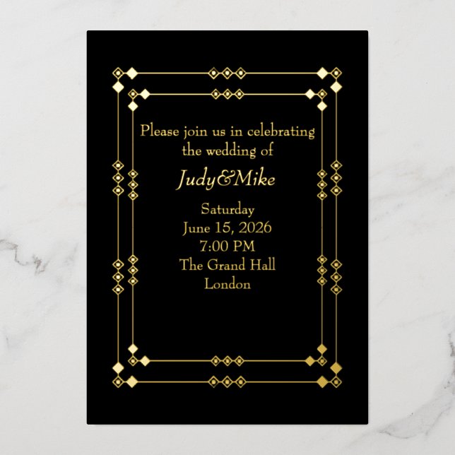 Elegant Black & Gold Art Deco Foil Invitation (Front)