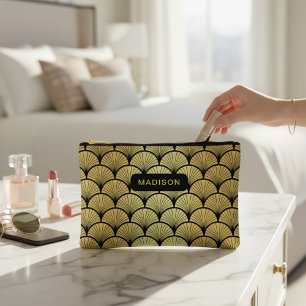 Elegant Black Gold Art Deco Pattern Personalised Accessory Pouch