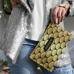 Elegant Black Gold Art Deco Pattern Personalised Accessory Pouch