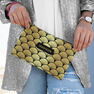 Elegant Black Gold Art Deco Pattern Personalised Accessory Pouch