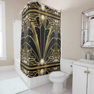 Elegant black gold Art Deco pearls Shower Curtain
