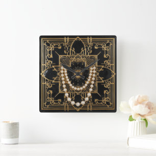 Elegant black gold Art Deco pearls Square Wall Clock