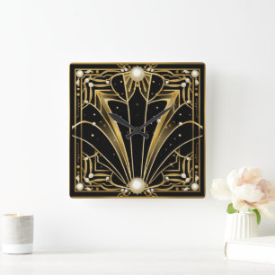 Elegant black gold Art Deco pearls Square Wall Clock