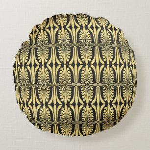 Elegant black gold art deco round throw pillow