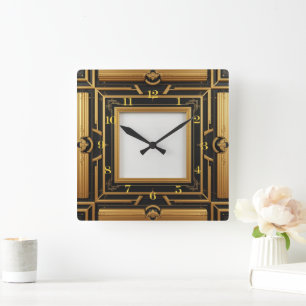 Elegant black gold Art Deco Square Wall Clock