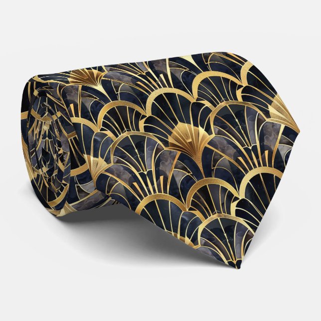 Elegant black gold art deco tiled pattern  tie (Rolled)