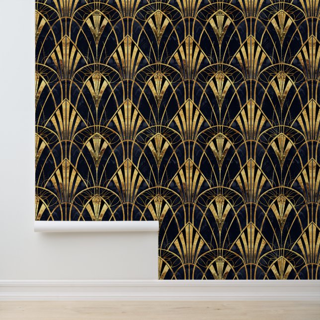 Elegant black gold Art Deco tiled pattern Wallpaper (Application)