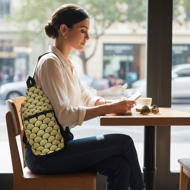 Elegant Black Gold Art Deco Vintage Fan Pattern Sling Bag (Creator Uploaded)