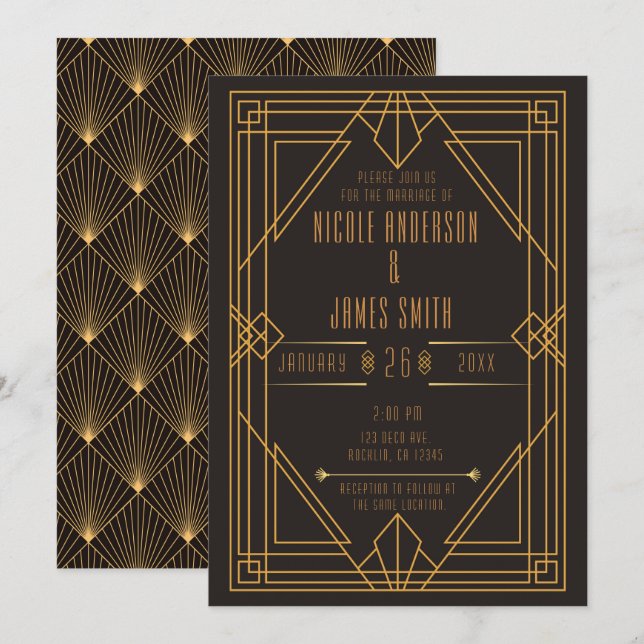 Elegant Black Gold Art Deco Wedding Marriage Invitation (Front/Back)