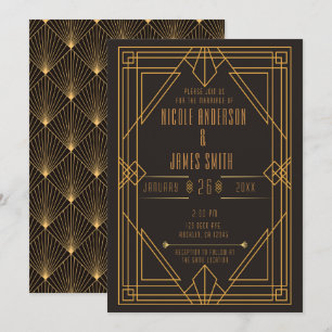 Elegant Black Gold Art Deco Wedding Marriage Invitation