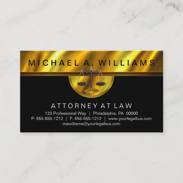 Elegant Black Gold Attorney at Law Legal Business Business Card (Front)