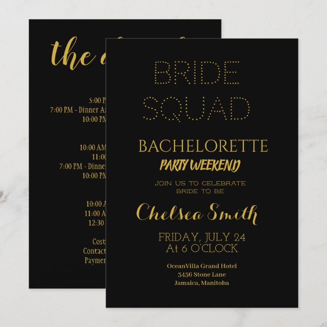 Elegant Black & Gold Bachelorette Itinerary Detail Invitation (Front/Back)